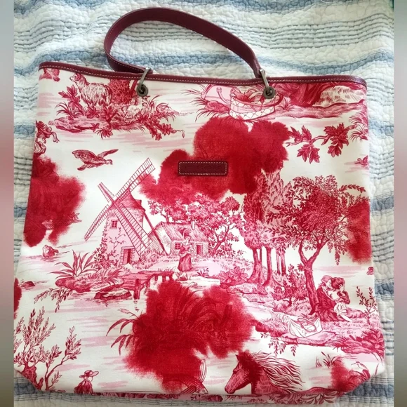 Longchamp Red & White Canvas Toile de Jouy Tote Bag - Picture 1 of 15